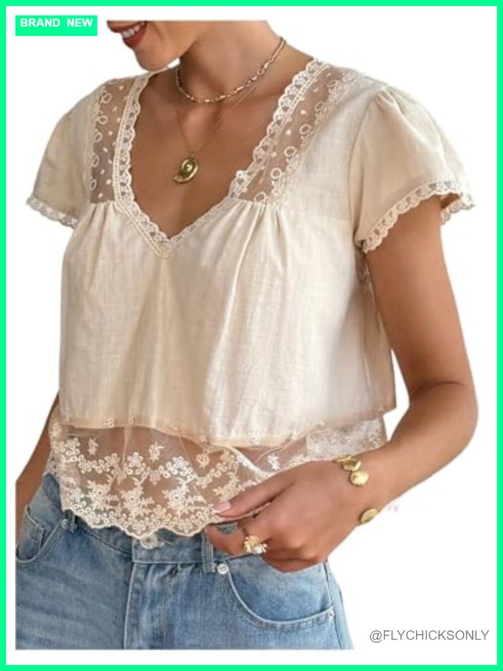 Women's Lace Babydoll Top V Neck Cap Sleeve Crop Blouse